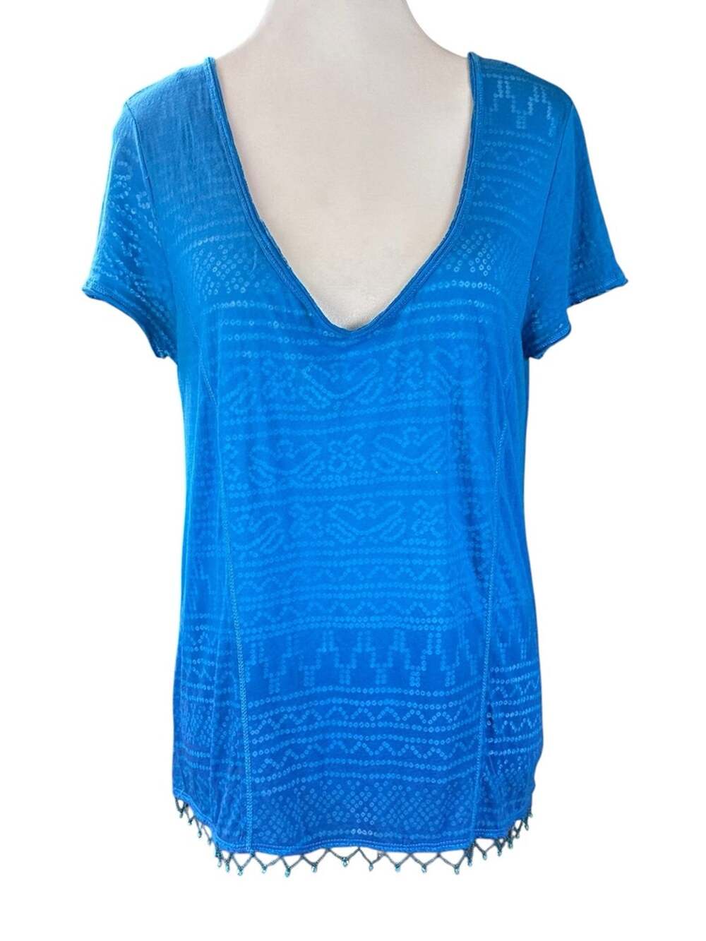 Free People Beaded Boho Blue V-Neck Tunic Top Geometric Burnout Size Medium